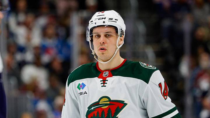 Feb 26, 2026; Denver, Colorado, USA; Minnesota Wild center Joel Eriksson Ek (14) in the first period against the Colorado Avalanche at Ball Arena. Mandatory Credit: Isaiah J. Downing-Imagn Images