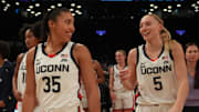 UConn guards Azzi Fudd and Paige Bueckers celebrate after the game against the Louisville Cardinals at Barclays Center.