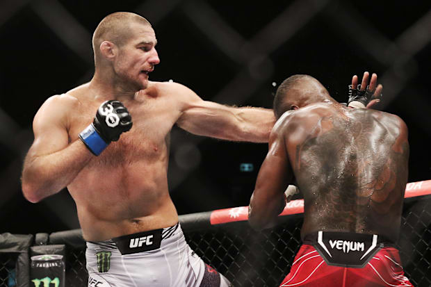 Israel Adesanya fights Sean Strickland during UFC 293 at Qudos Bank Arena.