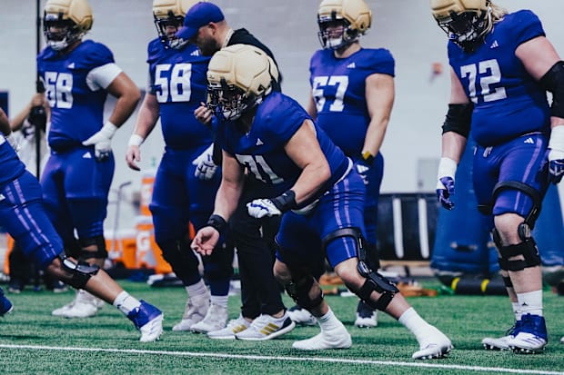Davit Boyajyan rises up during a spring drill. 