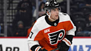 Oct 16, 2025; Philadelphia, Pennsylvania, USA; Philadelphia Flyers center Jett Luchanko (17) against the Winnipeg Jets at Wells Fargo Center. Mandatory Credit: Eric Hartline-Imagn Images