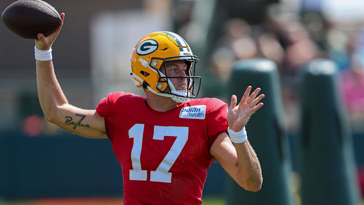 Green Bay Packers quarterback Michael Pratt (17) passes the ball during practice on Wednesday, August 14, 2024, at Ray Nitschke Field in Ashwaubenon, Wis. 
Tork Mason/USA TODAY NETWORK-Wisconsin