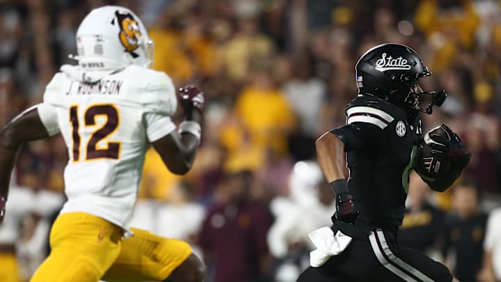 Sep 6, 2025; Starkville, Mississippi, USA; Mississippi State Bulldogs wide receiver Brenen Thompson (0) runs after a catch for a touchdown during the fourth quarter against the Arizona State Sun Devils at Davis Wade Stadium at Scott Field. Mandatory Credit: Petre Thomas-Imagn Images