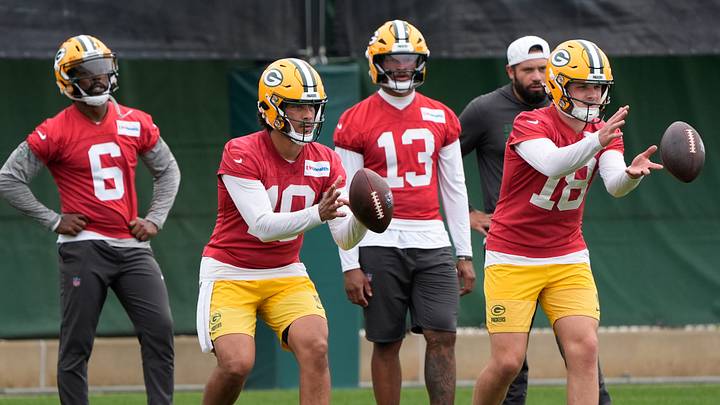 Green Bay Packers quarterbacks Tyrod Taylor (6), Jordan Love (10), Kyron Drones (13) and Kyle McCord (18) participate in mandatory minicamp Thursday, June 11, 2026, at the Don Hutson Center in Green Bay, Wisconsin. 
Dan Powers/USA TODAY NETWORK-Wisconsin