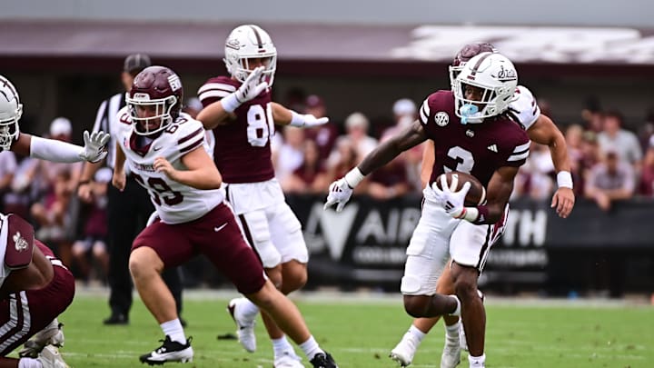 Aug 31, 2024; Starkville, Mississippi, USA;Mississippi State Bulldogs wide receiver Kevin Coleman (3) runs the ball against the Eastern Kentucky Colonels during the first quarter at Davis Wade Stadium at Scott Field. Mandatory Credit: Matt Bush-Imagn Images