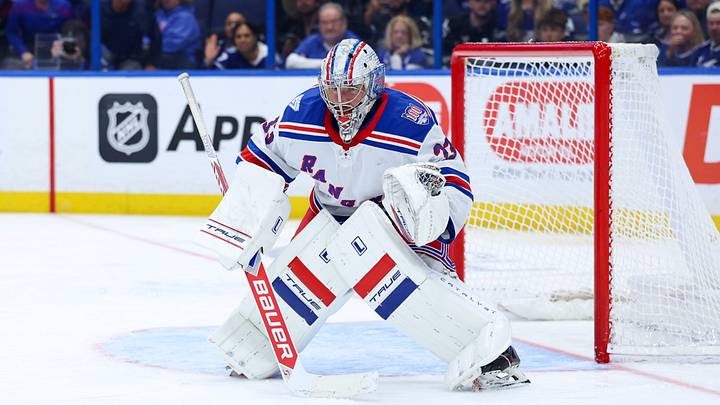 Apr 15, 2026; Tampa, Florida, USA; New York Rangers goaltender Dylan Garand (33) looks on against the Tampa Bay Lightning in the third period at Benchmark International Arena. Mandatory Credit: Nathan Ray Seebeck-Imagn Images Apr 15, 2026; Tampa, Florida, USA; New York Rangers goaltender Dylan Garand (33) looks on against the Tampa Bay Lightning in the third period at Benchmark International Arena. Mandatory Credit: Nathan Ray Seebeck-Imagn Images