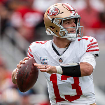 September 28, 2025; Santa Clara, California, USA; San Francisco 49ers quarterback Brock Purdy (13) during the third quarter against the Jacksonville Jaguars at Levi's Stadium. Mandatory Credit: Kyle Terada-Imagn Images