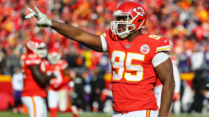 Dec 9, 2018; Kansas City, MO, USA; Kansas City Chiefs defensive end Chris Jones (95) celebrates after a play against the Baltimore Ravens at Arrowhead Stadium. Mandatory Credit: Jay Biggerstaff-USA TODAY Sports