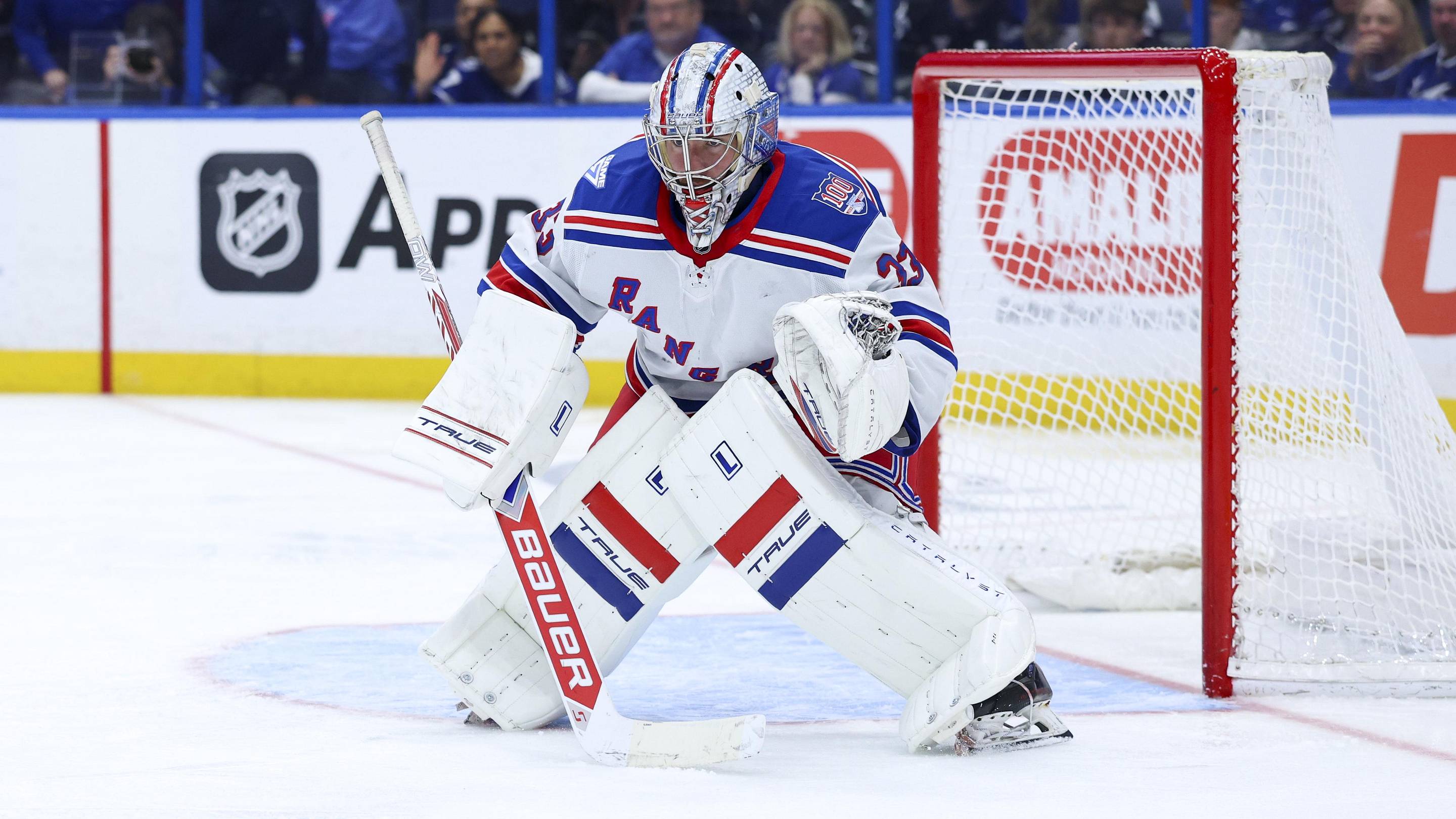 Apr 15, 2026; Tampa, Florida, USA; New York Rangers goaltender Dylan Garand (33) looks on against the Tampa Bay Lightning in the third period at Benchmark International Arena.