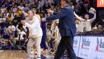Feb 21, 2024; Baton Rouge, Louisiana, USA; LSU Tigers head coach Matt McMahon reacts to a play against the Kentucky Wildcats during the second half of the game at Pete Maravich Assembly Center. Mandatory Credit: Stephen Lew-USA TODAY Sports