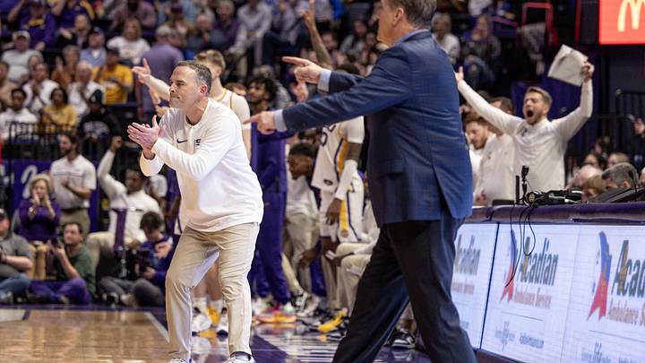 Feb 21, 2024; Baton Rouge, Louisiana, USA; LSU Tigers head coach Matt McMahon reacts to a play against the Kentucky Wildcats during the second half of the game at Pete Maravich Assembly Center. Mandatory Credit: Stephen Lew-USA TODAY Sports