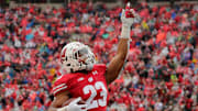 Wisconsin Badgers running back Jonathan Taylor (23) scores his second touchdown of the afternoon during the Wisconsin vs. Kent State football game at Camp Randall Stadium in Madison, WI, Saturday, October 5, 2019