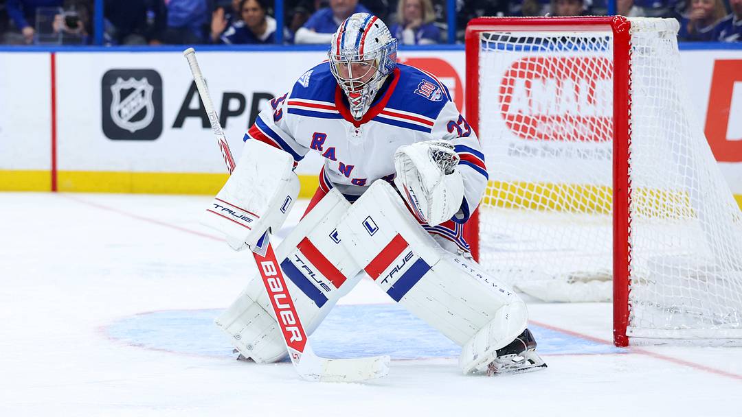 Apr 15, 2026; Tampa, Florida, USA; New York Rangers goaltender Dylan Garand (33) looks on against the Tampa Bay Lightning in the third period at Benchmark International Arena. Mandatory Credit: Nathan Ray Seebeck-Imagn Images