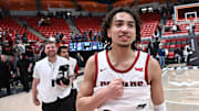 Feb 8, 2025; Pullman, Washington, USA; Washington State Cougars guard Nate Calmese (8) celebrates after the game against the Pepperdine Waves at Friel Court at Beasley Coliseum. Washington State Cougars won 87-86. Mandatory Credit: James Snook-Imagn Images