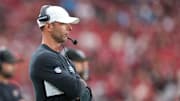 Sep 14, 2025; Glendale, Arizona, USA;  Arizona Cardinals head coach Jonathan Gannon looks on during the fourth quarter against the Carolina Panthers at State Farm Stadium. Mandatory Credit: Joe Camporeale-Imagn Images