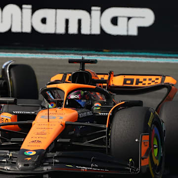 May 5, 2024; Miami Gardens, Florida, USA; McLaren driver Oscar Piastri (81) during the Miami Grand Prix at Miami International Autodrome. Mandatory Credit: John David Mercer-Imagn Images