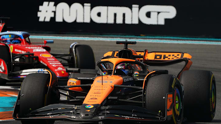 May 5, 2024; Miami Gardens, Florida, USA; McLaren driver Oscar Piastri (81) during the Miami Grand Prix at Miami International Autodrome. Mandatory Credit: John David Mercer-Imagn Images