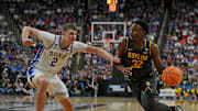 Duke Blue Devils forward Cooper Flagg defends against Baylor Bears guard Jalen Celestine during the second round of the NCAA Tournament.