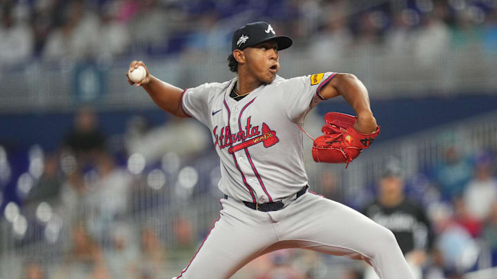 Jun 20, 2025; Miami, Florida, USA;  Atlanta Braves pitcher Didier Fuentes (75) pitches against the Miami Marlins in the first inning at loanDepot Park. Mandatory Credit: Jim Rassol-Imagn Images