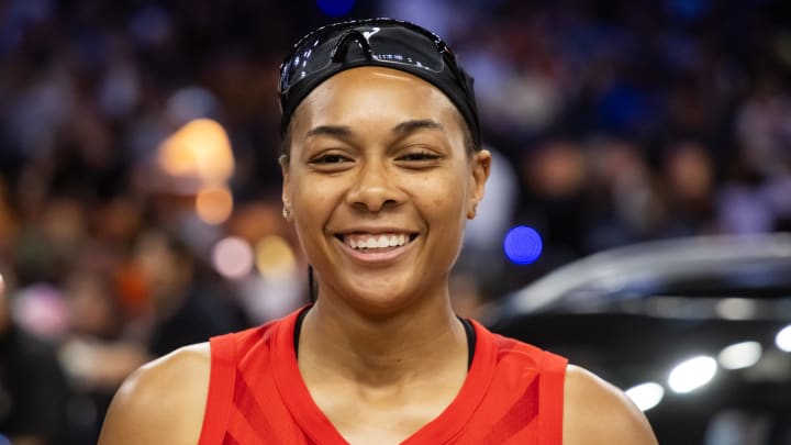 Jul 19, 2024; Phoenix, AZ, USA; Atlanta Dream player Allisha Gray reacts after winning the skills challenge during the WNBA All-Star Skills Night at the Footprint Center. Mandatory Credit: Mark J. Rebilas-USA TODAY Sports