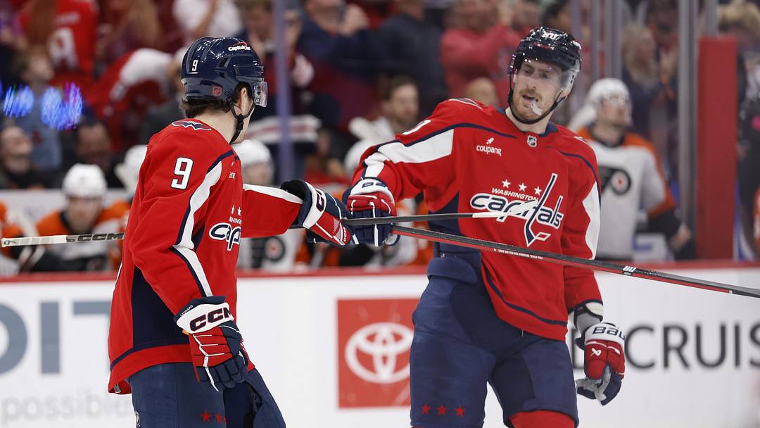 Mar 31, 2026; Washington, District of Columbia, USA; Washington Capitals right wing Ryan Leonard (9) celebrates with Capitals center Pierre-Luc Dubois (80)after scoring a goal against the Philadelphia Flyers during the second period at Capital One Arena. Mandatory Credit: Geoff Burke-Imagn Images