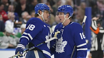 Jan 14, 2025; Toronto, Ontario, CAN; Toronto Maple Leafs forward William Nylander (88) and forward Mitch Marner (16) talk during a break in the action against the Dallas Stars during the third period at Scotiabank Arena. Mandatory Credit: John E. Sokolowski-Imagn Images