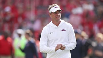 Oct 18, 2025; Athens, Georgia, USA; Mississippi Rebels head coach Lane Kiffin prior to the game against the Georgia Bulldogs at Sanford Stadium. Mandatory Credit: Brett Davis-Imagn Images