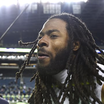 San Francisco 49ers cornerback Richard Sherman runs off the field after a football game against the Seattle Seahawks.
