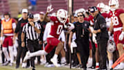 Nov 1, 2025; Stanford, California, USA; Stanford Cardinal wide receiver Caden High (0) runs out of bounds during the fourth quarter against the Pittsburgh Panthers at Stanford Stadium. Mandatory Credit: John Hefti-Imagn Images