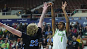 St. Mary's forward Cameron Williams (1) shoots against Deer Valley center Carter Guggenberger (25) during the 4A state championship at Arizona Veterans Memorial Coliseum in Phoenix on March 6, 2025.