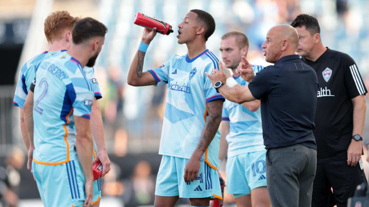 Aug 25, 2024; Philadelphia, Pennsylvania, USA; Colorado Rapids head coach Chris Armas talks with players against the Philadelphia Union during the second half of the Leagues Cup third place match at Subaru Park. Mandatory Credit: Caean Couto-USA TODAY Sports