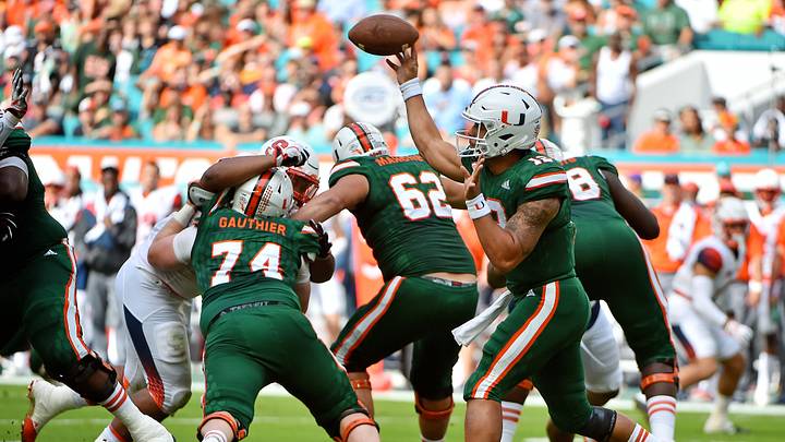 Oct 21, 2017; Miami Gardens, FL, USA; Miami Hurricanes quarterback Malik Rosier (12) attempts a pass against the Syracuse Orange during the first half at Hard Rock Stadium. Mandatory Credit: Jasen Vinlove-USA TODAY Sports