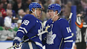 Jan 14, 2025; Toronto, Ontario, CAN; Toronto Maple Leafs forward William Nylander (88) and forward Mitch Marner (16) talk during a break in the action against the Dallas Stars during the third period at Scotiabank Arena. Mandatory Credit: John E. Sokolowski-Imagn Images