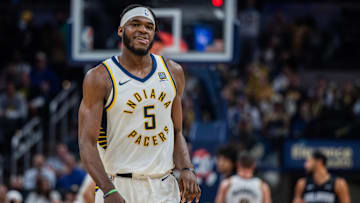 Indiana Pacers forward Jarace Walker (5) celebrates a made basket in the second half against the Orlando Magic at Gainbridge Fieldhouse.
