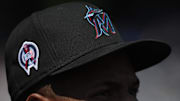 A detail view of a commemorative 9/11 patch as seen on the hat of Miami Marlins shortstop Xavier Edwards (63) against the Pittsburgh Pirates at PNC Park. 