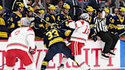 Feb 2, 2024; Columbus, Ohio, USA; Ohio State Buckeyes forward Stephen Halliday (19) hits Michigan Wolverines forward Kienan Draper (33) during the NCAA men   s hockey game at Value City Arena.