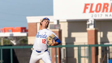 Florida's pitcher Liam Peterson (12) is the starter in the matchup against Alabama. Florida came back from being down 5-0 to beat Alabama 7-6, Friday, May 15, 2025, at Condron Family Ballpark in Gainesville, Florida. [Cyndi Chambers/ Gainesville Sun] 2025