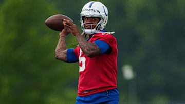 June 14, 2023; Indianapolis, IN, USA; Indianapolis Colts quarterback Anthony Richardson (5) works
