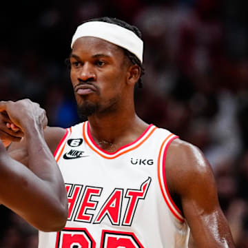 Jan 10, 2023; Miami, Florida, USA; Miami Heat forward Jimmy Butler (22) celebrates with guard Victor Oladipo (4) after scoring against the Oklahoma City Thunder during the fourth quarter at FTX Arena. Mandatory Credit: Rich Storry-Imagn Images