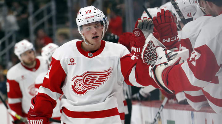 Apr 11, 2024; Pittsburgh, Pennsylvania, USA; Detroit Red Wings left wing Lucas Raymond (23) celebrates with the Detroit bench after Raymond scored a goal to complete a hat-trick against the Pittsburgh Penguins during the third period at PPG Paints Arena. Pittsburgh won 6-5 in overtime. Mandatory Credit: Charles LeClaire-USA TODAY Sports