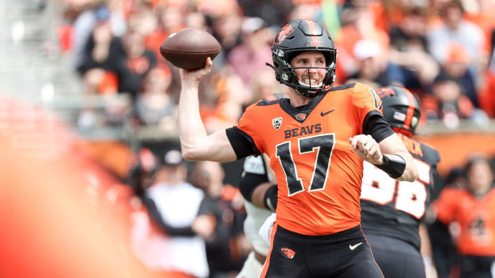 Oregon State quarterback Ben Gulbranson (17) passes the ball during the spring showcase at Reser Stadium, Saturday, April 22, 2023, in Corvallis, Ore.

Oregon State Spring Game973