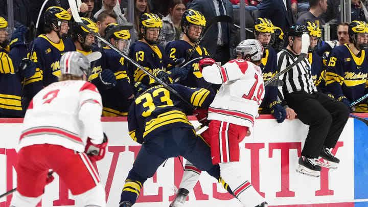 Feb 2, 2024; Columbus, Ohio, USA; Ohio State Buckeyes forward Stephen Halliday (19) hits Michigan Wolverines forward Kienan Draper (33) during the NCAA men   s hockey game at Value City Arena.