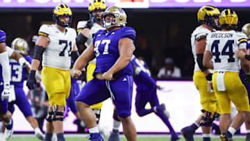 Oct 5, 2024; Seattle, Washington, USA; Washington Huskies defensive lineman Logan Sagapolu (97) celebrates after recovering a fumble against the Michigan Wolverines during the fourth quarter at Alaska Airlines Field at Husky Stadium. Mandatory Credit: Joe Nicholson-Imagn Images