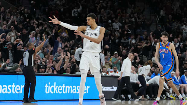 Feb 29, 2024; San Antonio, Texas, USA; San Antonio Spurs center Victor Wembanyama (1) celebrates a three point shot.