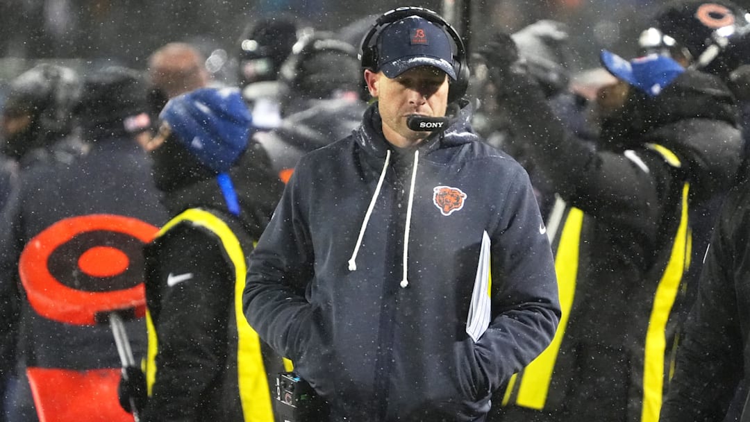 Jan 18, 2026; Chicago, IL, USA; Chicago Bears head coach Ben Johnson looks on against the Los Angeles Rams during the second quarter of an NFC Divisional Round game at Soldier Field. Mandatory Credit: David Banks-Imagn Images