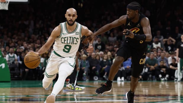 May 7, 2024; Boston, Massachusetts, USA; Boston Celtics guard Derrick White (9) drives on Cleveland