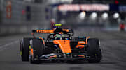 Nov 21, 2025; Las Vegas, NV, USA; McLaren driver Lando Norris (4) during the Las Vegas Grand Prix at Las Vegas Strip Circuit. Mandatory Credit: Gary A. Vasquez-Imagn Images