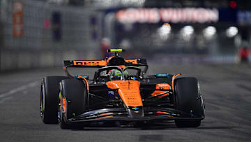 Nov 21, 2025; Las Vegas, NV, USA; McLaren driver Lando Norris (4) during the Las Vegas Grand Prix at Las Vegas Strip Circuit. Mandatory Credit: Gary A. Vasquez-Imagn Images