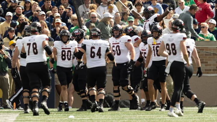 Northern Illinois celebrates scoring a touchdown during a NCAA college football game between Notre Dame and Northern Illinois at Notre Dame Stadium on Saturday, Sept. 7, 2024, in South Bend.