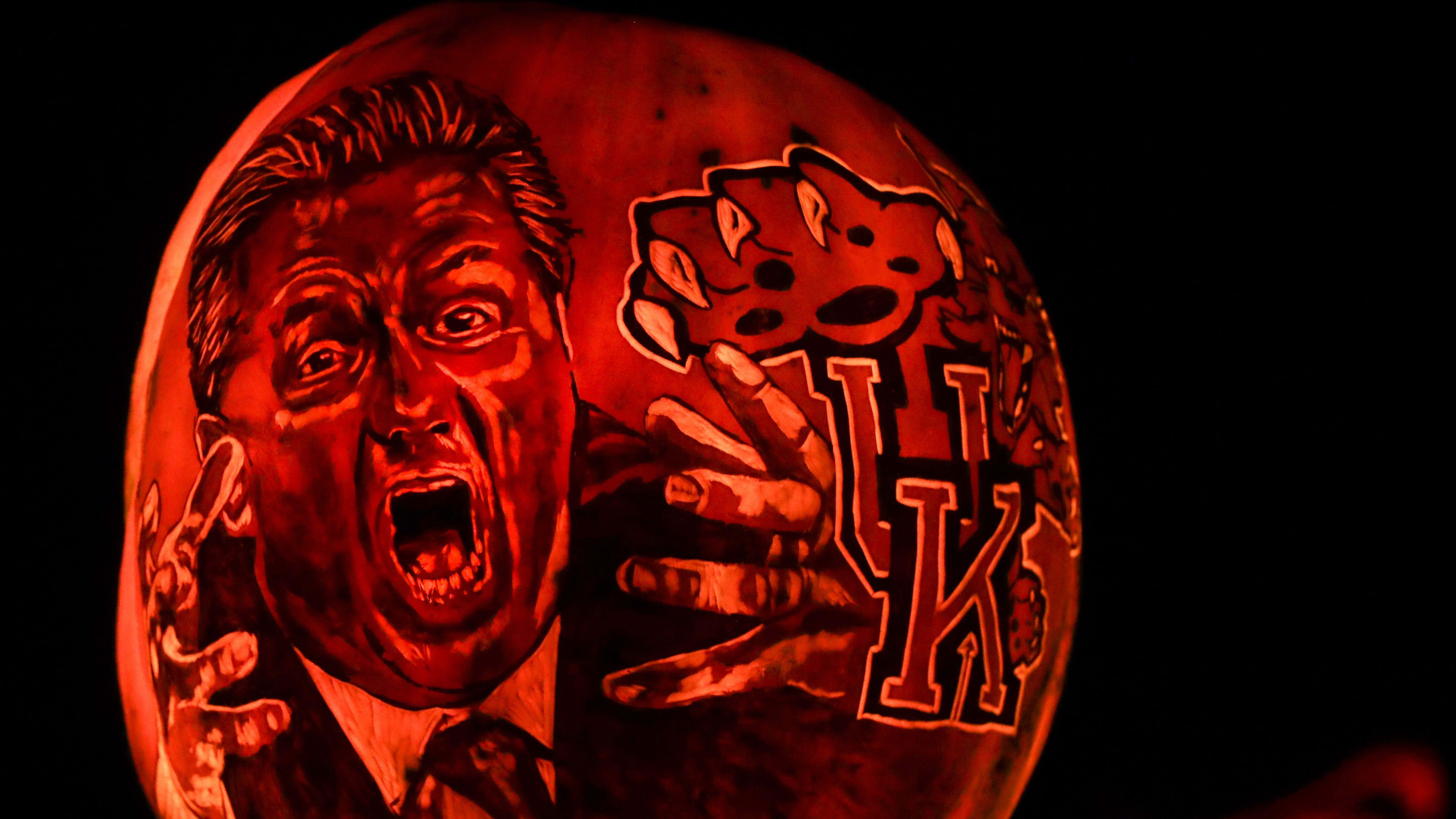 Kentucky's coach John Calipari appears on a pumpkin.